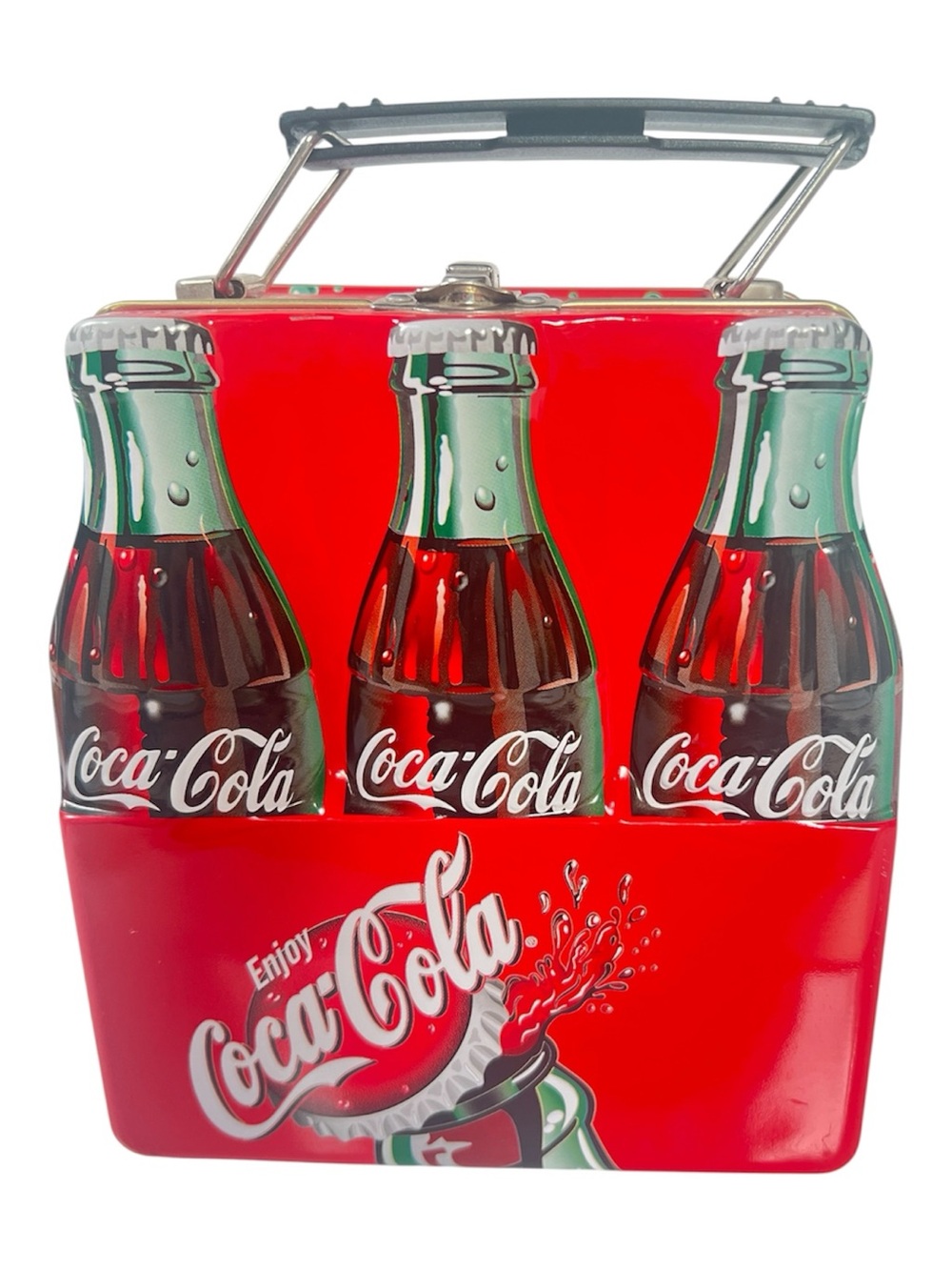 Vintage ‘93 Coca-Cola Red Metal Tin Six-Pack Bottle Lunchbox with Retro Graphics